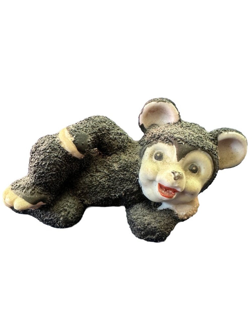 Vintage 1930s–40s Japan Flocked Bisque Bear Figurine — Mickey Mouse Style